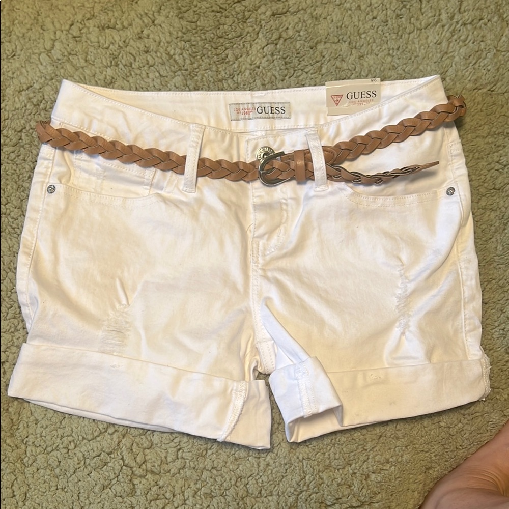 GUESS White Jean Shorts with Braided Tan Belt